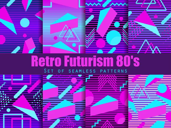 Retro Futurism Sömlösa Mönster Uppsättning Geometriska Element Memphis Stil Med — Stock vektor