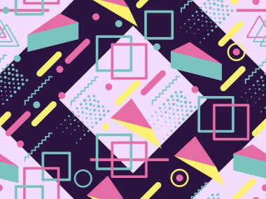 Memphis seamless modeli. Geometrik öğeleri memphis 80 tarzı. Synthwave retro arka plan. Retrowave. Vektör çizim