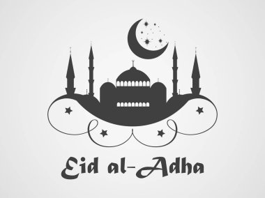 Kurban Bayramı. Camii, hilal ve fener. Kurban kurban Bajram Müslüman Festivali. Ramazan Kareem. Vektör çizim