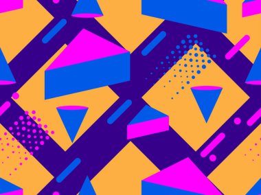 Memphis seamless modeli. Geometrik öğeleri memphis 80 tarzı. Synthwave retro arka plan. Retrowave. Vektör çizim