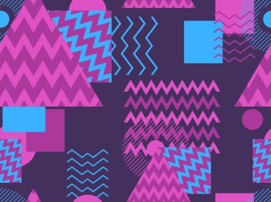 Memphis seamless modeli. Geometrik öğeleri memphis 80 tarzı. Synthwave retro arka plan. Retrowave. Vektör çizim