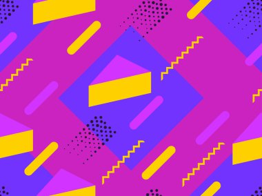 Memphis seamless modeli. Geometrik öğeleri memphis 80 tarzı. Synthwave retro arka plan. Retrowave. Vektör çizim