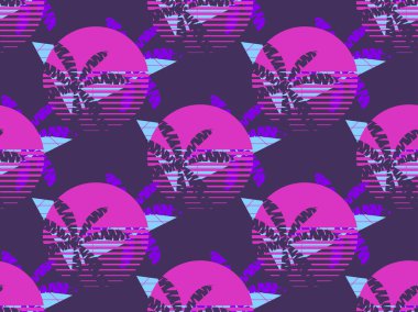 Fütüristik palmiye ağacı ve güneş seamless modeli. Synthwave retro arka plan 1980'lerin tarzı. Retrowave. Vektör çizim