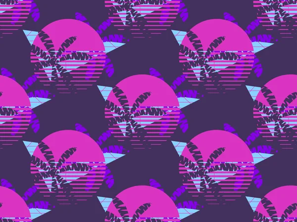 Fütüristik palmiye ağacı ve güneş seamless modeli. Synthwave retro arka plan 1980'lerin tarzı. Retrowave. Vektör çizim