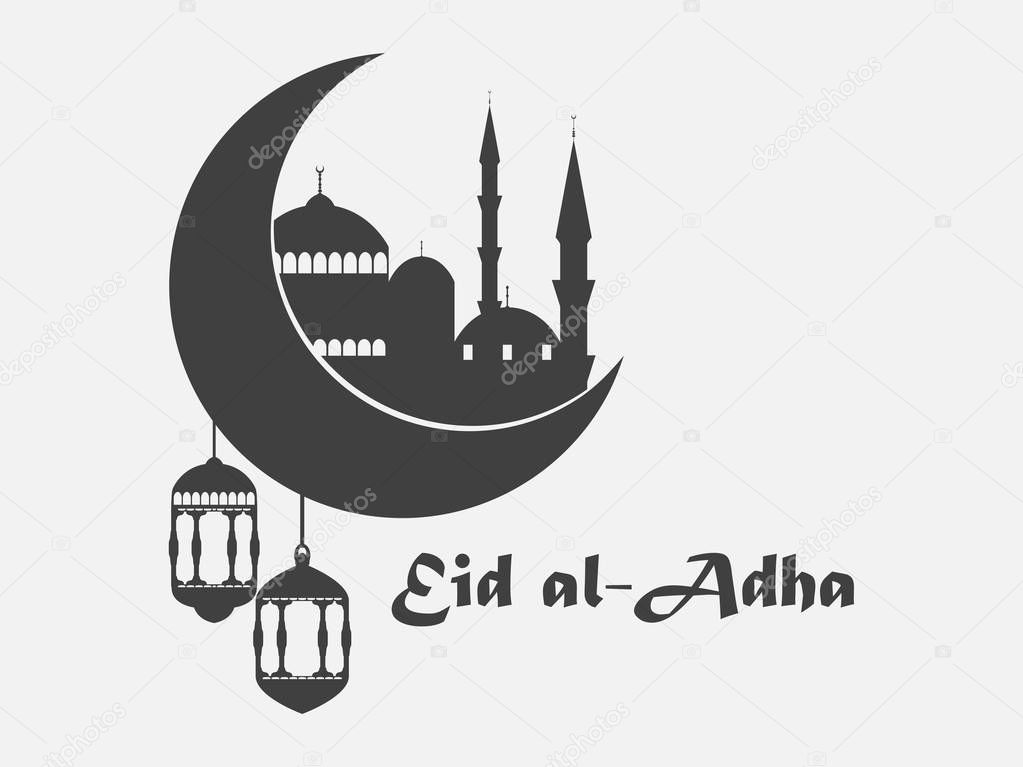 Eid al-Adha. Mosque, crescent and lantern. Kurban Bajram muslim festival of sacrifice. Ramadan Kareem. Vector illustration