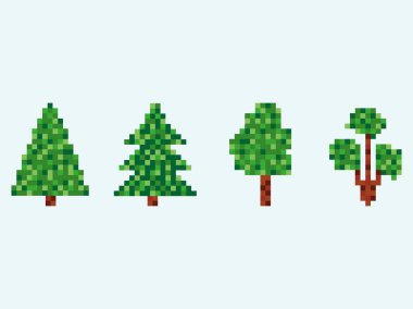 8 bit köknar ağacı küme. Piksel Noel ağacı beyaz arka plan üzerinde izole. Vektör çizim