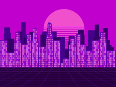 80 lerin tarzı Retro futuristik şehir. Synthwave retro arka plan. Neon günbatımı. Retrowave. Vektör çizim