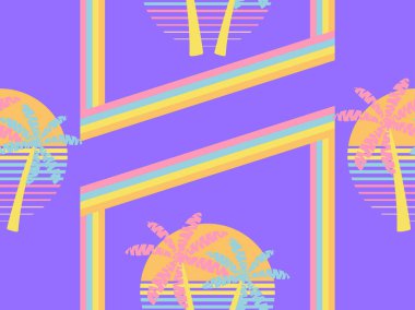 Fütüristik palmiye ağacı ve güneş seamless modeli. Synthwave retro arka plan 1980'lerin tarzı. Retrowave. Vektör çizim