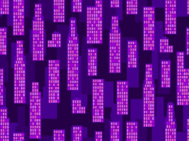 Şehir seamless modeli. Cityscape gökdelenler. Retro fütüristik. Vektör çizim