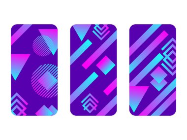 Telefon servis talebi mockup. Memphis desen arka plan. 80 lerin degradeler geometrik şekil stili. Smartphone durumlarda ayarlayın. Vektör çizim