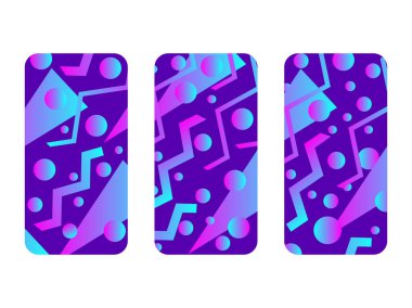 Telefon servis talebi mockup. Memphis desen arka plan. 80 lerin degradeler geometrik şekil stili. Smartphone durumlarda ayarlayın. Vektör çizim