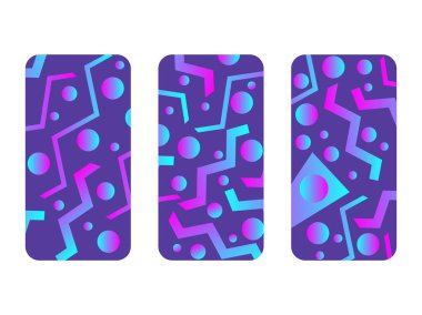 Telefon servis talebi mockup. Memphis desen arka plan. 80 lerin degradeler geometrik şekil stili. Smartphone durumlarda ayarlayın. Vektör çizim