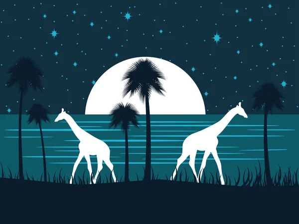 Giraffa Sulla Riva Notte Con Luna Piena Palme Sulla Spiaggia — Vettoriale Stock