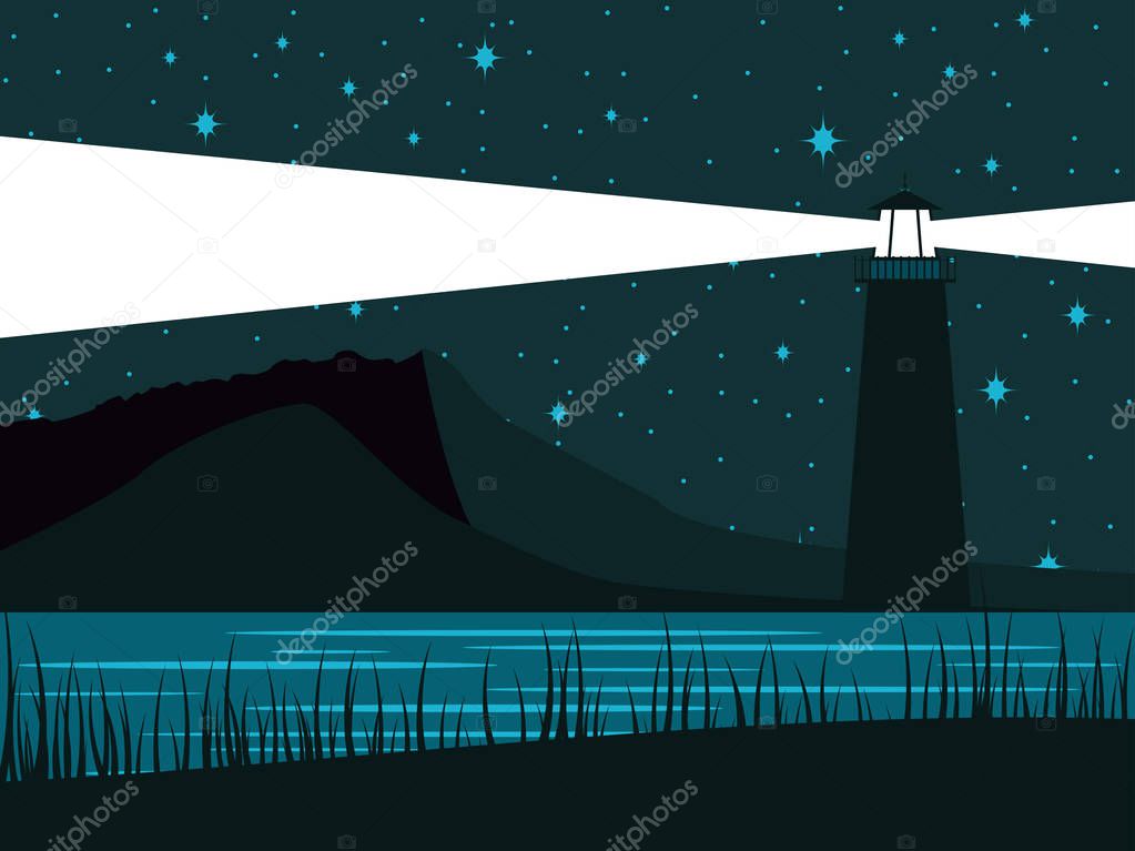 Glowing lighthouse against the background of the starry sky. The night shore of the sea. Vector illustration