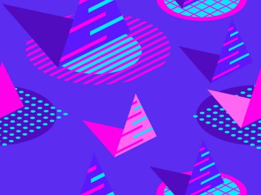 Memphis seamless modeli. Geometrik öğeleri memphis 80'li yılların tarzında. İzometrik rakamlar. Broşür, promosyon malzeme, ambalaj kağıdı ve duvar kağıtları için harika. Vektör çizim