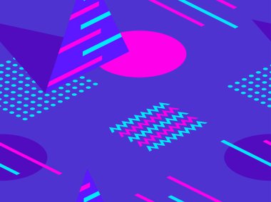 Memphis seamless modeli. Geometrik öğeleri memphis 80'li yılların tarzında. İzometrik rakamlar retro arka plan. Broşür, promosyon malzeme, ambalaj kağıdı ve duvar kağıtları için harika. Vektör çizim