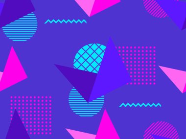 Memphis seamless modeli. Geometrik öğeleri memphis 80'li yılların tarzında. İzometrik rakamlar retro arka plan. Broşür, promosyon malzeme, ambalaj kağıdı ve duvar kağıtları için harika. Vektör çizim