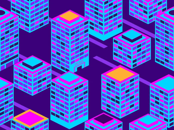 Wolkenkratzer Nahtloses Muster Isometrische Stadtgebäude Metropolen Neonfarben Stil Der 80Er — Stockvektor
