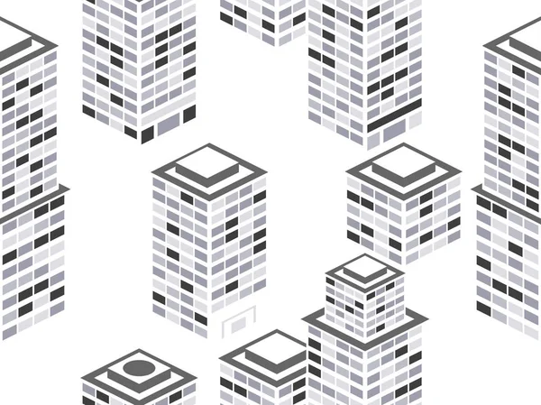 Stadsgezicht Naadloze Patroon Isometrische Stad Gebouwen Metropolis Zwart Wit Kleuren — Stockvector