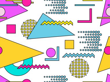 Memphis seamless pattern. Geometric objects with stroke, style of 80s. Bauhaus abstract background. Vector illustration