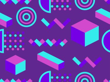 Memphis seamless modeli. Geometrik öğeleri memphis 80 tarzı. İzometrik şekiller. Vektör çizim