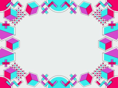 Memphis stil çerçevesi. 80 lerin geometrik nesneleri. Davetiye, broşür ve tebrik kartları için bir şablon tasarlayın. Vektör çizim