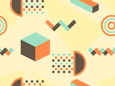 Memphis seamless modeli. Geometrik öğeleri memphis 80 tarzı. İzometrik şekiller. Vektör çizim