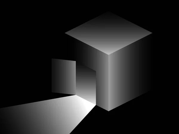 開いているドアからの光と等尺性キューブ 灰色の網かけでレトロなシュル レアリスム 黒白いベクトル図 — ストックベクタ