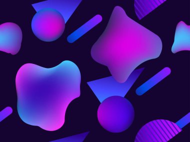 Sıvı şekli ve 1980'lerde tarzda geometrik nesneleri ile Seamless modeli. Degrade doku. Menekşe rengi. Vektör çizim