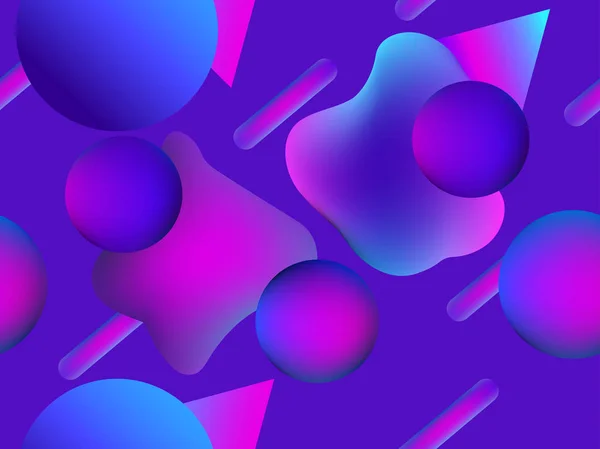 Sıvı şekli ve 1980'lerde tarzda geometrik nesneleri ile Seamless modeli. Degrade doku. Menekşe rengi. Vektör çizim