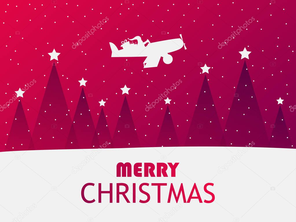 Santa Claus is flying in an airplane over a winter landscape with Christmas trees. Greeting card with falling snow. Red gradient. Vector illustration