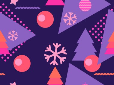 Noel Dikişsiz desen memphis kar taneleri ve köknar ağaçları ile. Broşür, promosyon malzeme, ambalaj kağıdı ve duvar kağıtları için harika. Vektör çizim