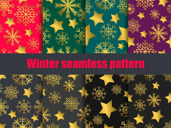 Snowflakes Stars Set Seamless Patterns Golden Gradient Collection Winter Backgrounds — Stock Vector