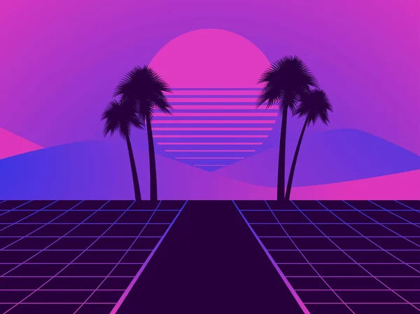 Retro Futuristické Krajiny Palmami Neon Západu Slunce Stylu 80S Synthwave — Stockový vektor