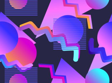Memphis 80'li yılların tarzında degrade şekli ile seamless modeli. Synthwave, Fütürizm arka plan. Retrowave. Vektör çizim