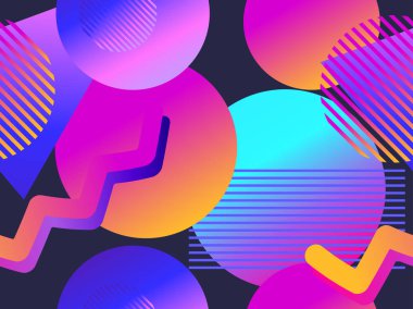 80 lerin memphis tarzda geometrik nesneleri ile Seamless modeli. Degrade şekilleri. Synthwave retro arka plan. Retrowave. Vektör çizim