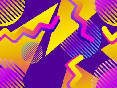 80 lerin memphis tarzda geometrik nesneleri ile Seamless modeli. Degrade şekilleri. Synthwave retro arka plan. Retrowave. Vektör çizim