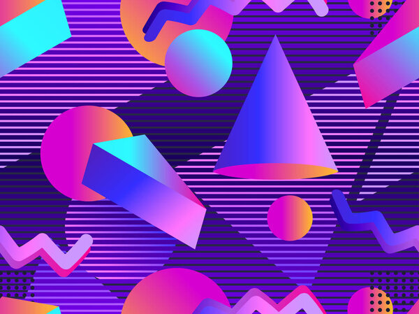Retro futurism seamless pattern. Geometric elements memphis in the style of 80's. Synthwave retro background. Retrowave. Vector illustration