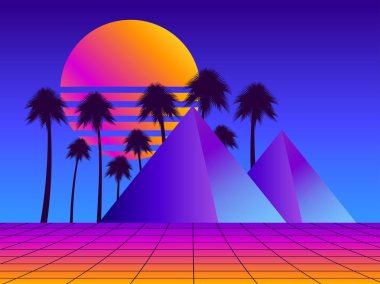 Palmiye ağaçları ile Retro Fütürizm piramitler. Perspektif kılavuz. Neon günbatımı. Synthwave retro arka plan. Retrowave. Vektör çizim