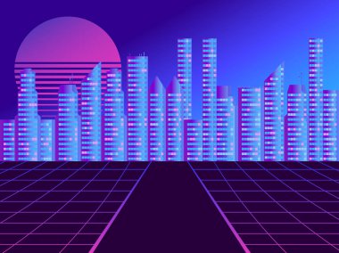 80 lerin tarzı Retro futuristik şehir. Cyberpunk ve retro dalga tarzı. Gün batımını zemin karşı gelecek megapolis Cityscape. Vektör çizim