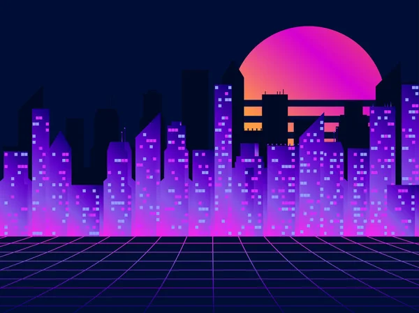 Cidade Futurista Retro Estilo Dos Anos Cyberpunk Estilo Onda Retro — Vetor de Stock