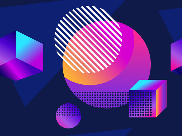 Футуристический бесшовный рисунок с геометрическими формами. Градиент с фиолетовыми тонами. 3d изометрическая форма. Синтвейв ретро фон. Восстановление. Векторная иллюстрация
