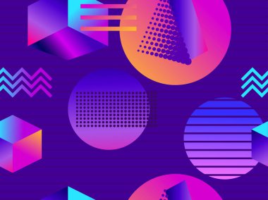 Geometrik şekillerle fütüristik seamless modeli. İzometrik 3d nesneler. Mor ve mavi degrade. Retrowave. Vektör çizim