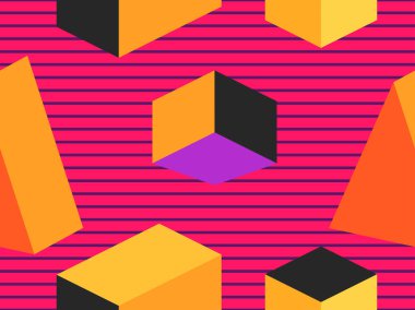 Geometrik şekiller izometrik tarzı. Fütüristik seamless modeli. Retrowave. Vektör çizim