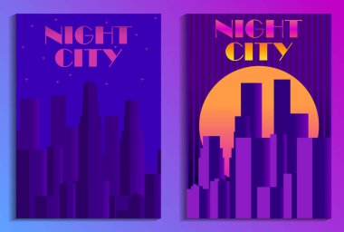 Cityscape poster fütürizm tarzı. Gece gökdelenler şehri. Cyberpunk ve retrowave. Vektör çizim