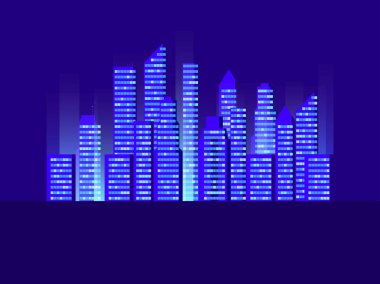 Cityscape gökdelenler ile. Şehirler gelecek. Retro futuristik şehir. Cyberpunk ve retrowave tarzı. Vektör çizim