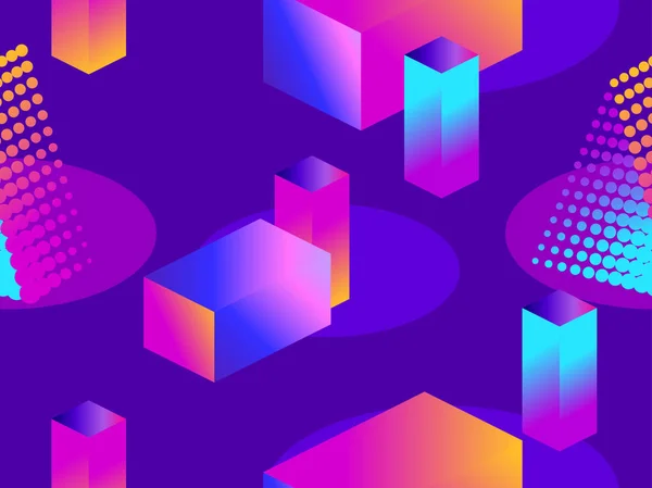 Geometrik şekillerle fütüristik seamless modeli. İzometrik 3d nesneler. Mor ve mavi degrade. Retrowave. Vektör çizim