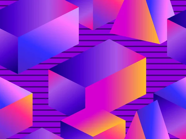Futuristisches, nahtloses Muster mit geometrischen Formen. isometrische 3D-Objekte. violett und blau Gefälle. Rückblickend. Vektorillustration — Stockvektor