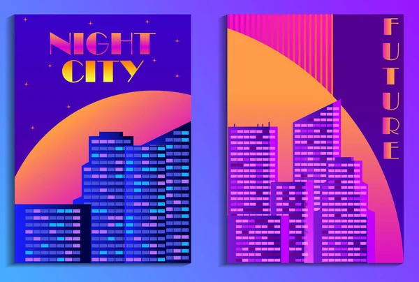Плакат городского пейзажа в стиле футуризма. Ночной город небоскребов. Киберпанк и ремикроволновка. Векторная иллюстрация — стоковый вектор