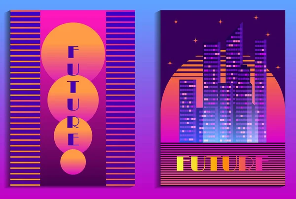 Cityscape poster in stijl van het futurisme. Nacht stad van wolkenkrabbers. Cyberpunk en retrowave. Vectorillustratie — Stockvector